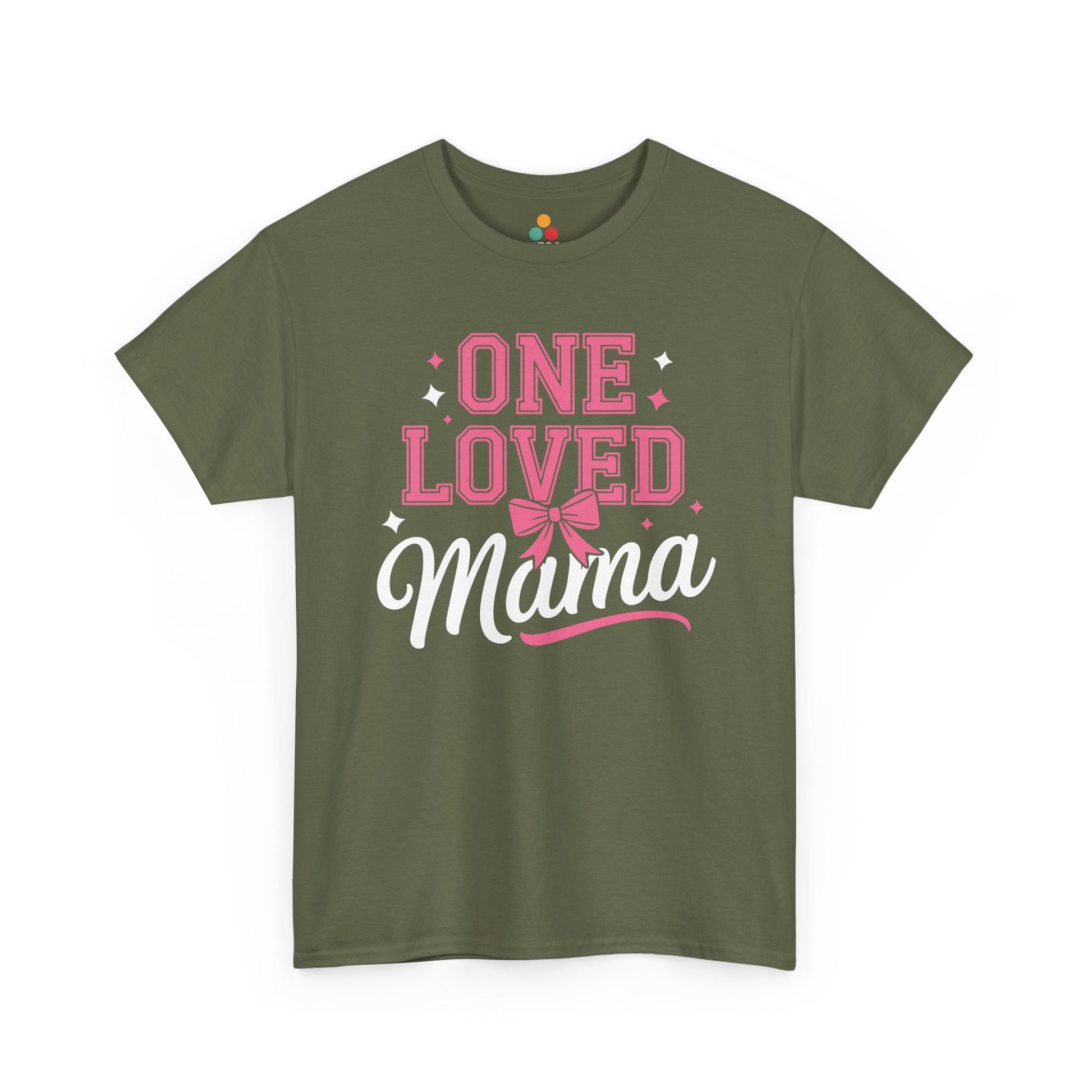 “Military green One Loved Mama shirt by Teezoca, Mother’s Day bow graphic, front photo”

