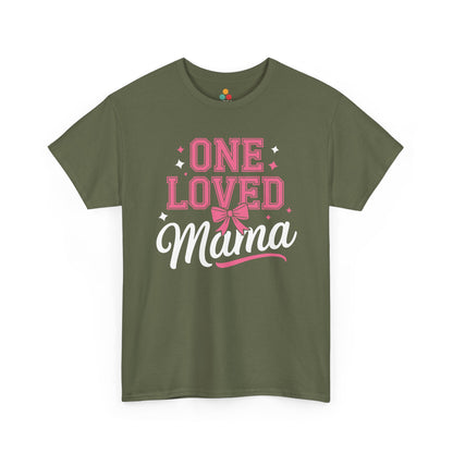 “Military green One Loved Mama shirt by Teezoca, Mother’s Day bow graphic, front photo”

