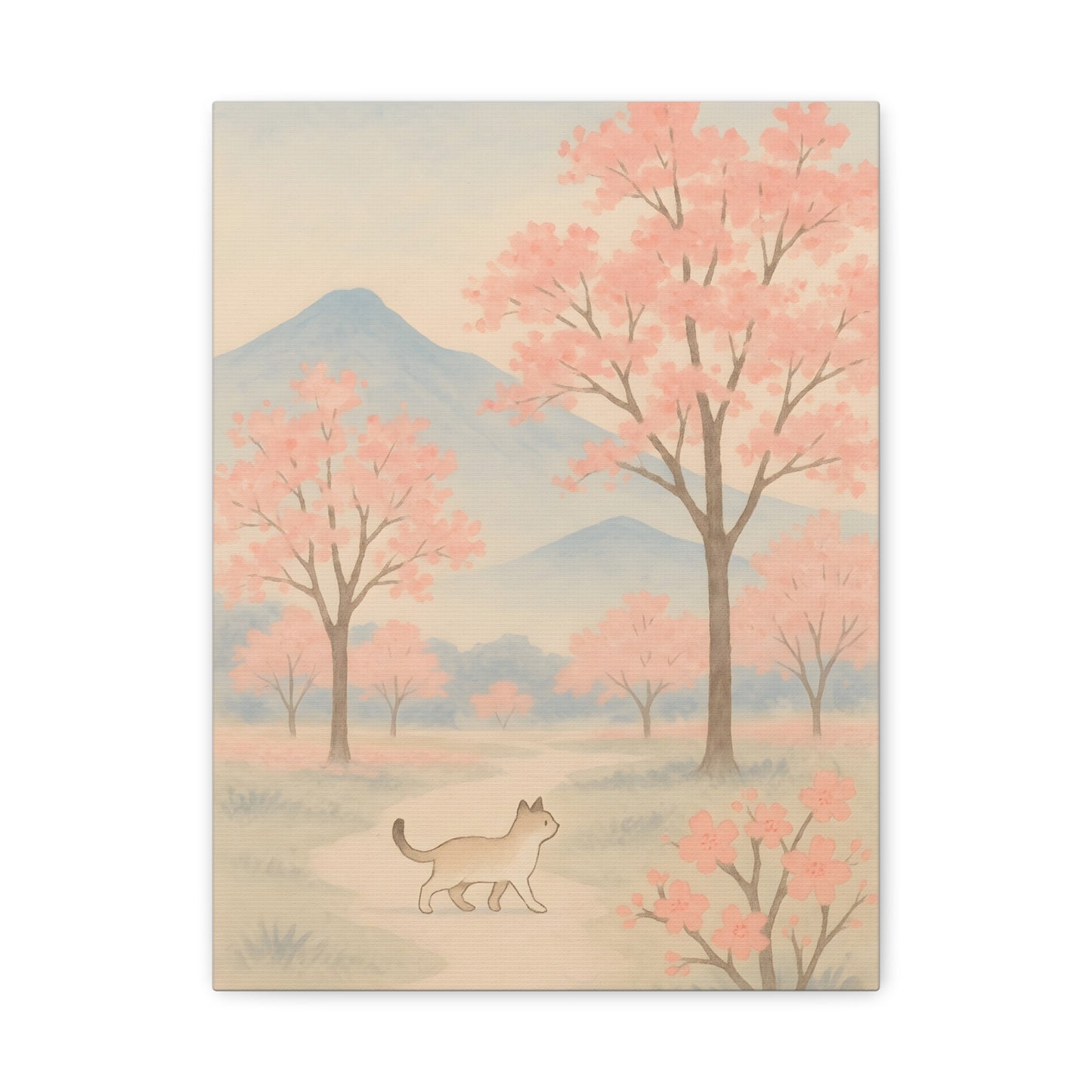 Matte canvas wall art featuring a pastel pink landscape, misty blue mountains, delicate trees, and ade serene cat—perfect for living room, bedroom, or office decor in Japanese, Scandinavian, or boho styles.