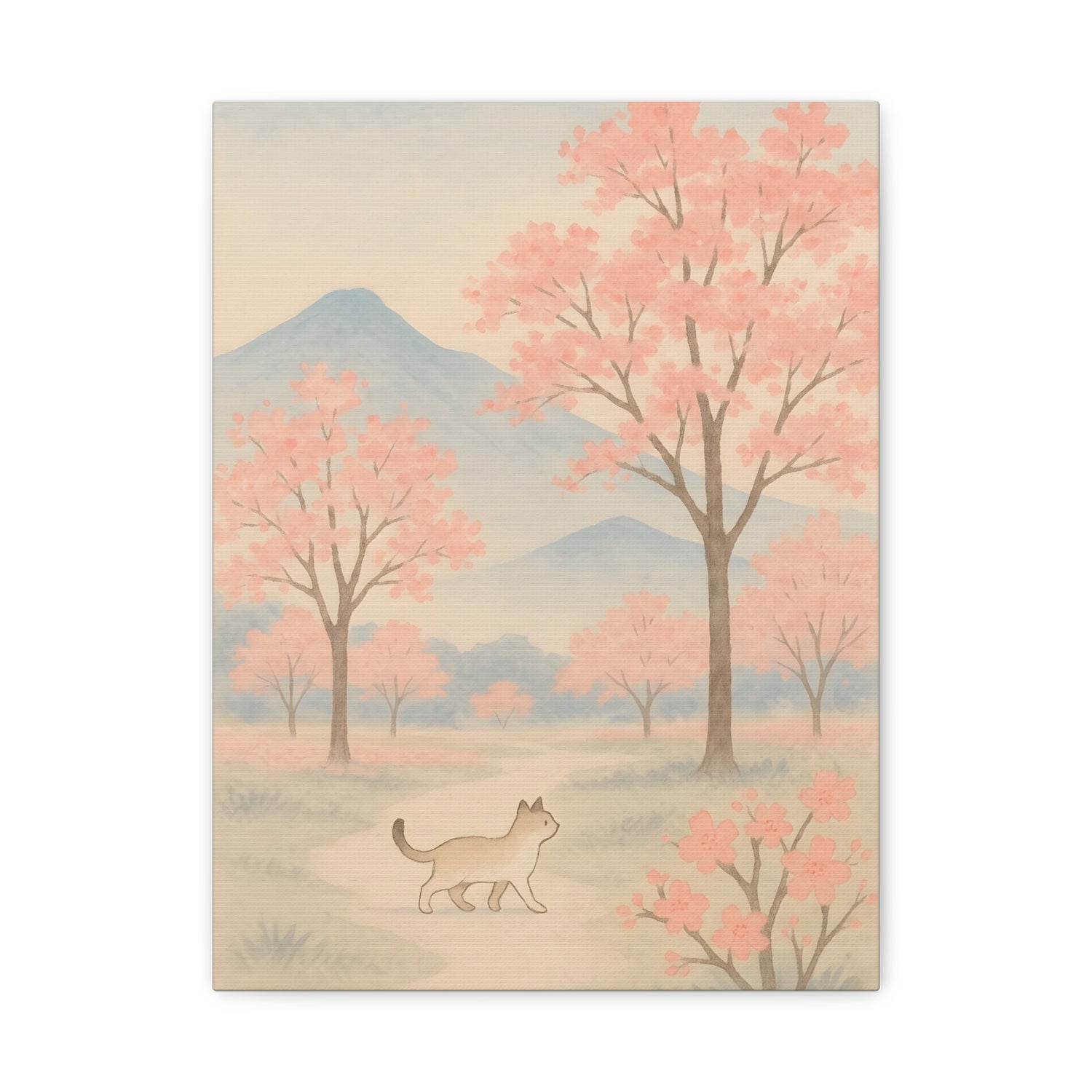 Matte canvas wall art featuring a pastel pink landscape, misty blue mountains, delicate trees, and ade serene cat—perfect for living room, bedroom, or office decor in Japanese, Scandinavian, or boho styles.