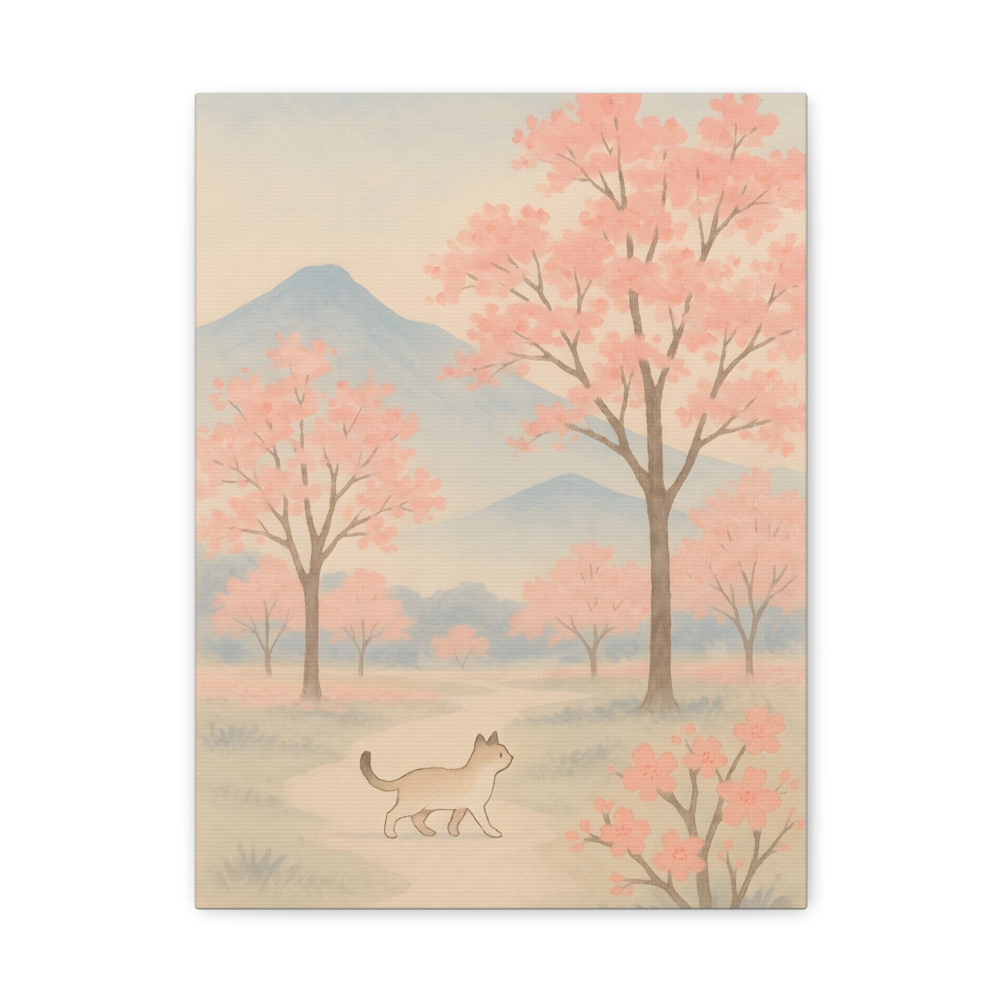 Matte canvas wall art featuring a pastel pink landscape, misty blue mountains, delicate trees, and ade serene cat—perfect for living room, bedroom, or office decor in Japanese, Scandinavian, or boho styles.