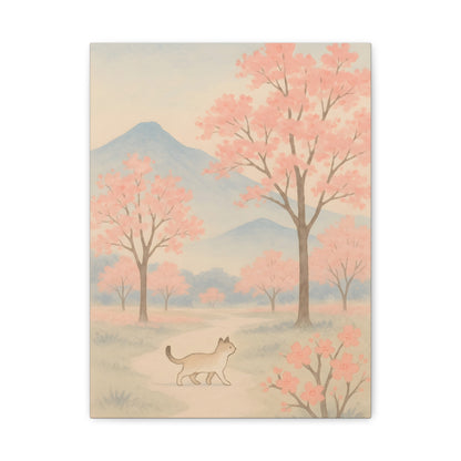Matte canvas wall art featuring a pastel pink landscape, misty blue mountains, delicate trees, and ade serene cat—perfect for living room, bedroom, or office decor in Japanese, Scandinavian, or boho styles.