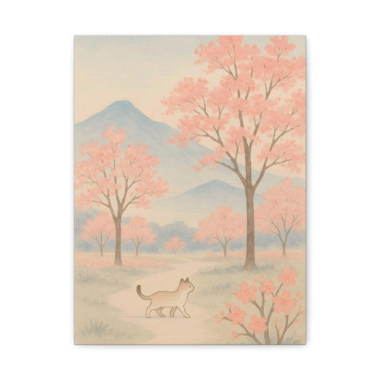 Matte canvas wall art featuring a pastel pink landscape, misty blue mountains, delicate trees, and ade serene cat—perfect for living room, bedroom, or office decor in Japanese, Scandinavian, or boho styles.
