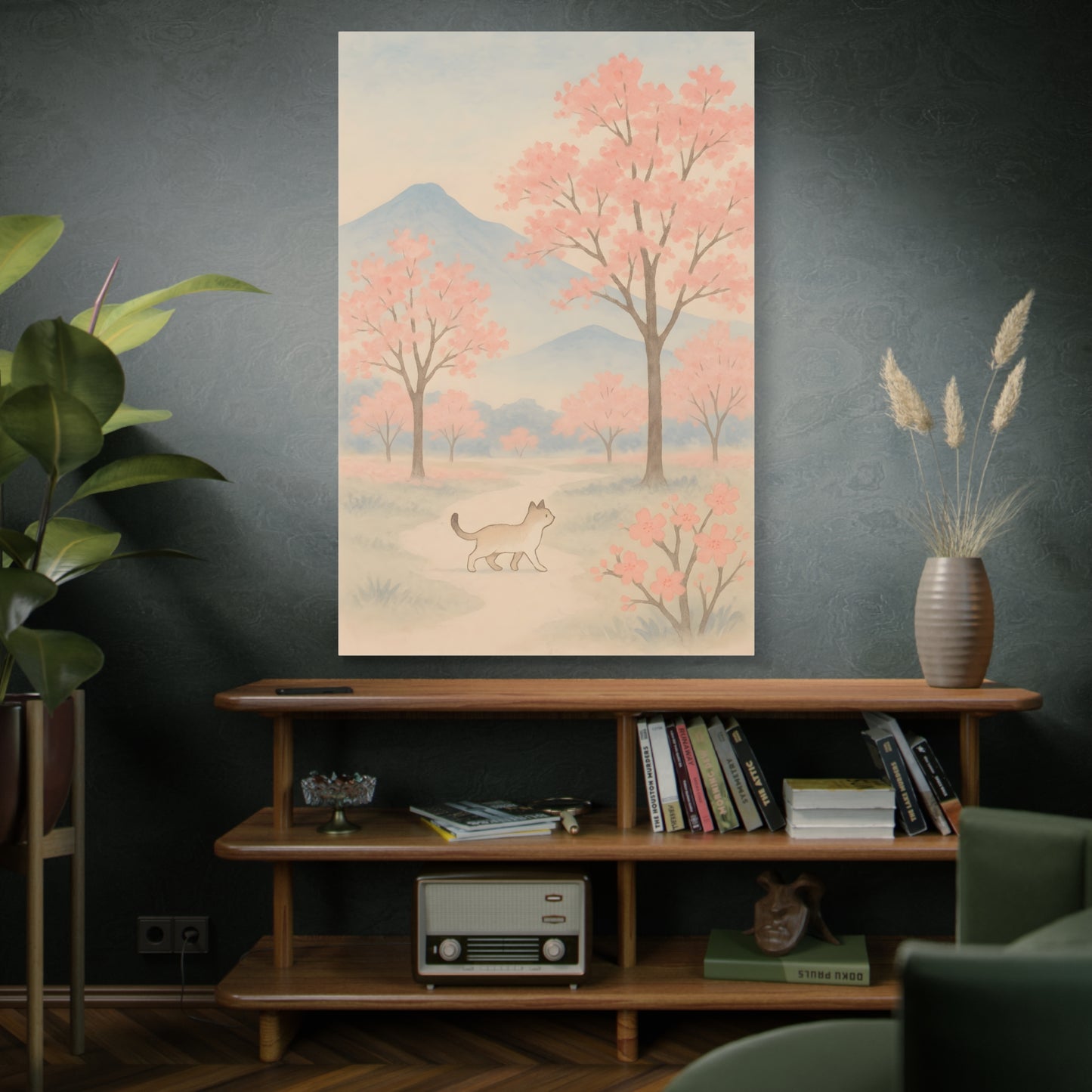 Pastel landscape canvas art styled on a dark wall above a modern shelf, blending gentle pinks and blues for calming, minimalist home decor.