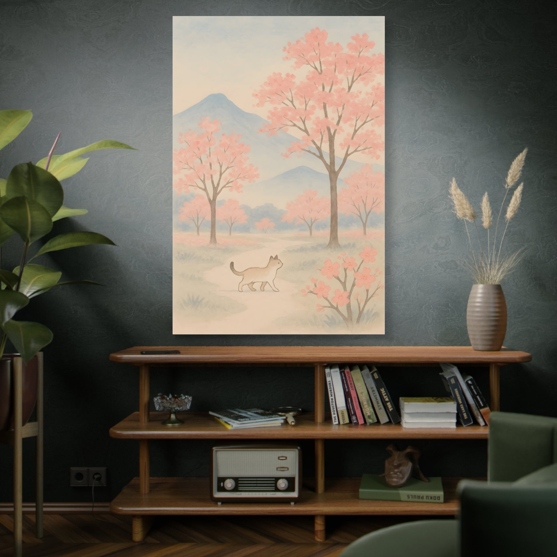 Pastel landscape canvas art styled on a dark wall above a modern shelf, blending gentle pinks and blues for calming, minimalist home decor.