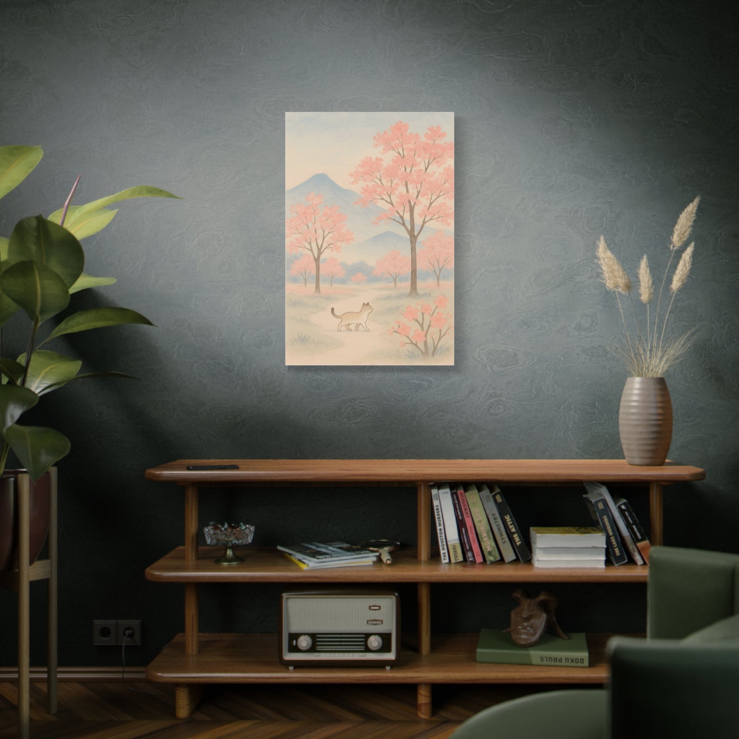 Matte canvas wall art featuring a pastel pink landscape, misty blue mountains, delicate trees, and ade serene cat—perfect for living room, bedroom, or office decor in Japanese, Scandinavian, or boho styles.