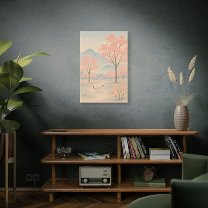 Matte canvas wall art featuring a pastel pink landscape, misty blue mountains, delicate trees, and ade serene cat—perfect for living room, bedroom, or office decor in Japanese, Scandinavian, or boho styles.