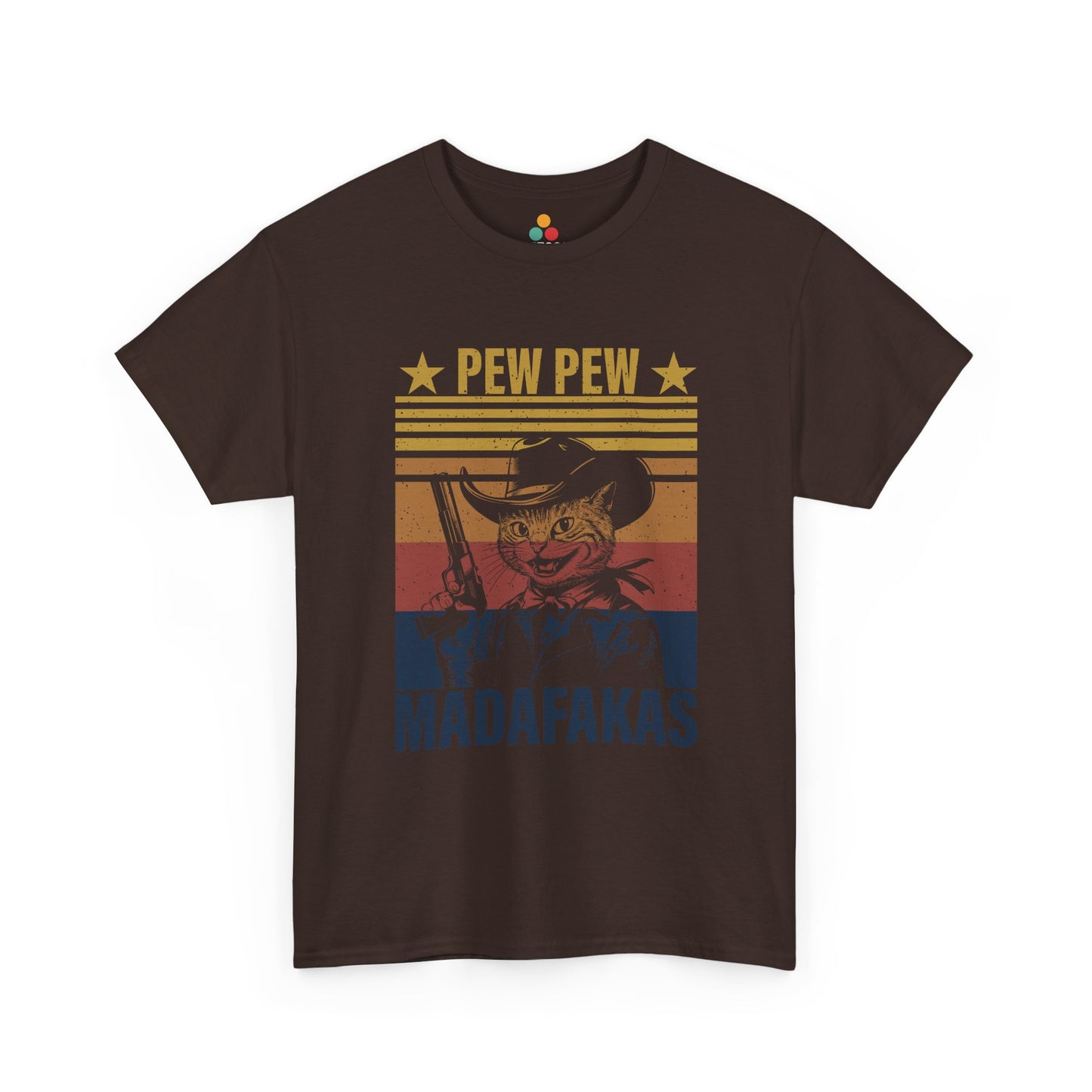  “Teezoca Pew Pew Madafakas shirt, black, vintage cowboy cat meme, funny outlaw cat tee”

