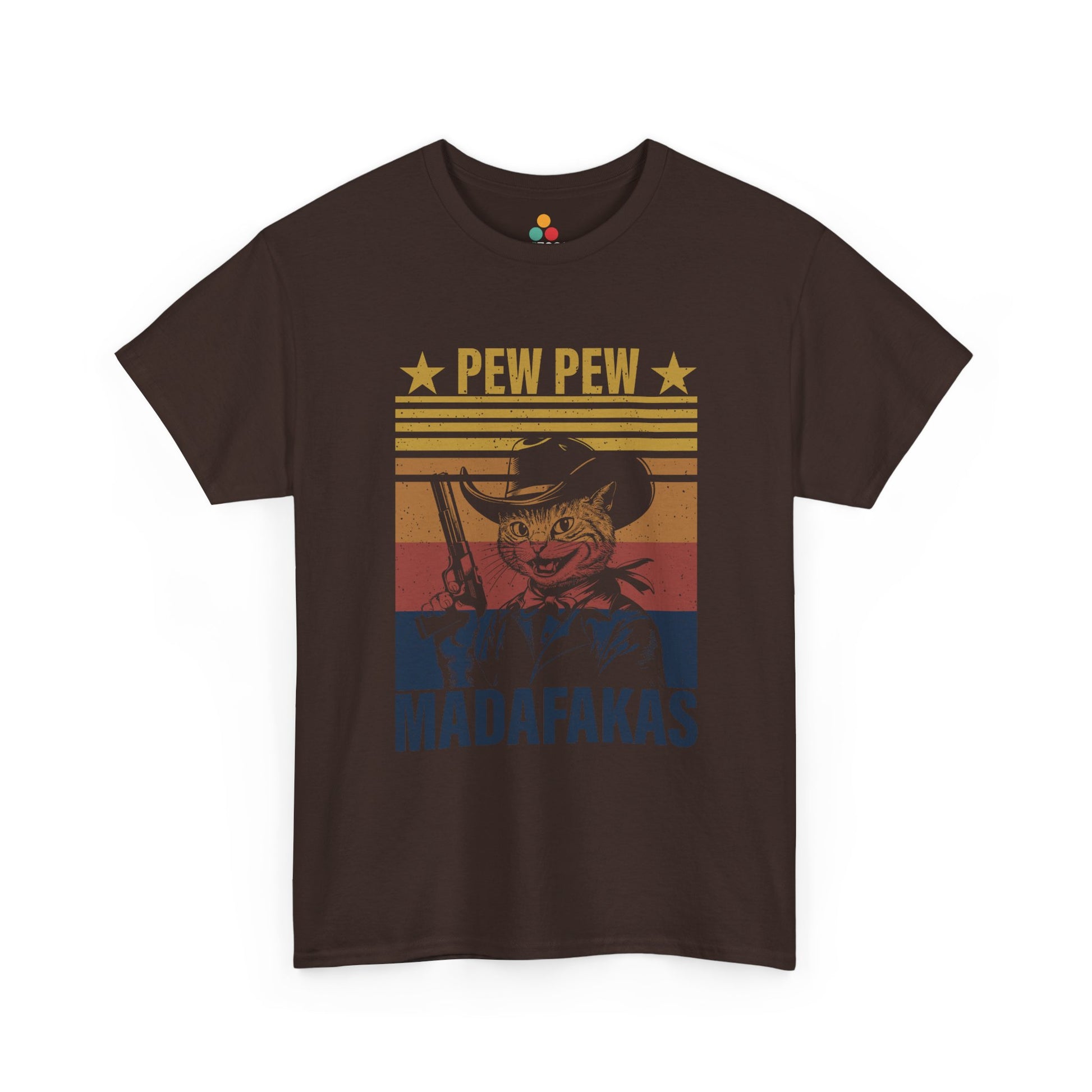  “Teezoca Pew Pew Madafakas shirt, black, vintage cowboy cat meme, funny outlaw cat tee”

