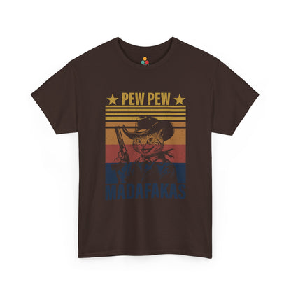  “Teezoca Pew Pew Madafakas shirt, black, vintage cowboy cat meme, funny outlaw cat tee”

