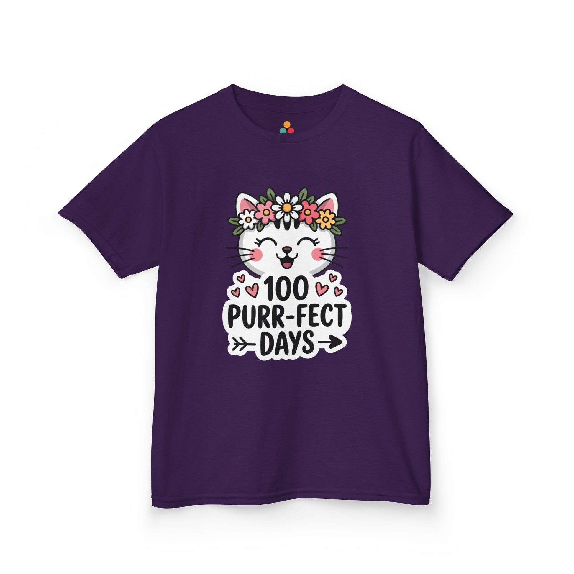 purple t-shirt with a cat graphic and '100 Purr-fect Days' text on a white background. Perfect for girls on 100 days of school celebration