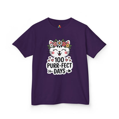 purple t-shirt with a cat graphic and '100 Purr-fect Days' text on a white background. Perfect for girls on 100 days of school celebration