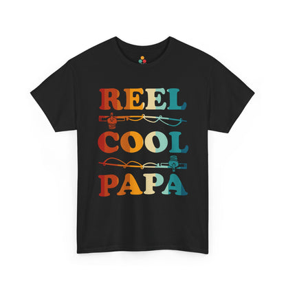  Black “Reel Cool Papa” retro sunset‑color fishing rods T‑shirt, flat front product mockup.