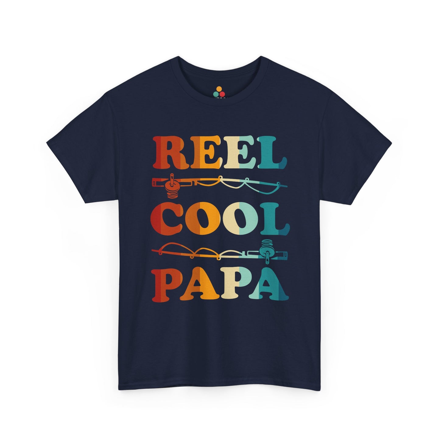 Navy “Reel Cool Papa” T‑shirt with vintage multicolor text and crossed fishing rods graphic, flat front view.
