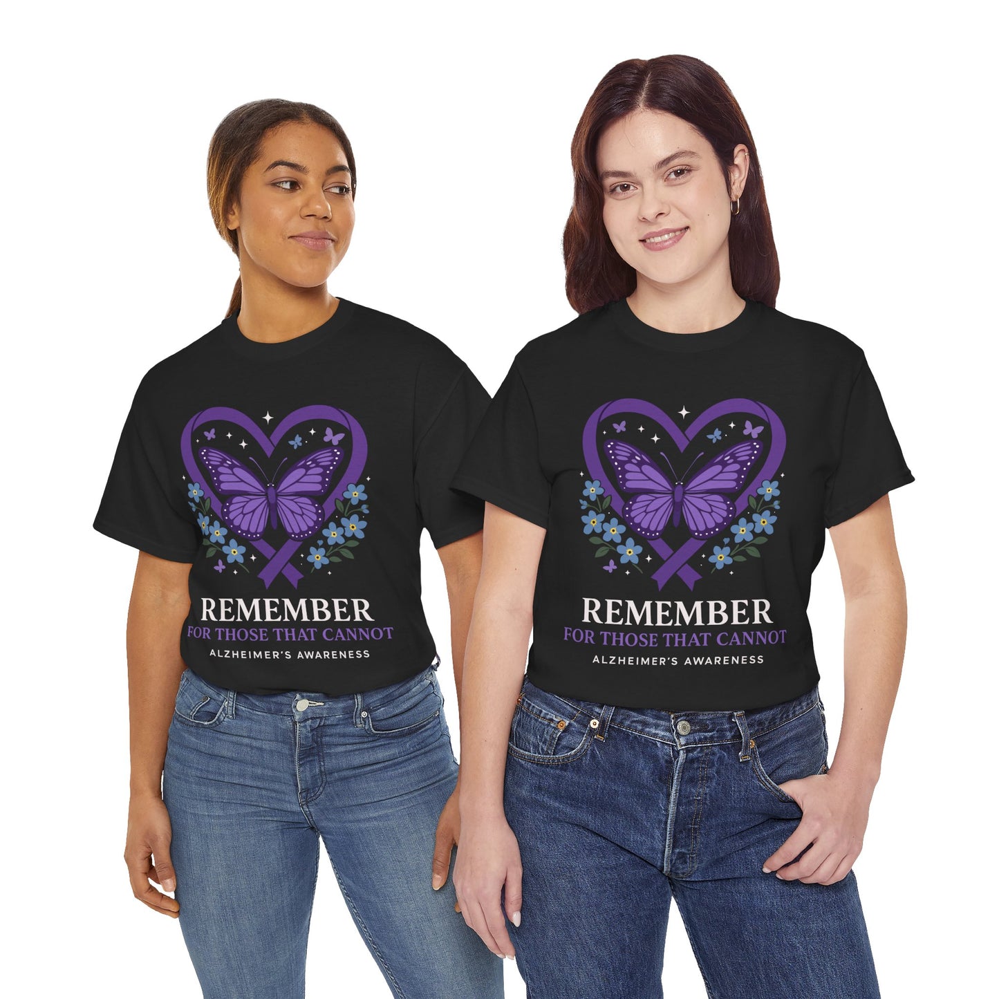 Group of diverse models wearing Alzheimer’s “REMEMBER” awareness tees, highlighting unisex fit and strong charity message for fundraising and support