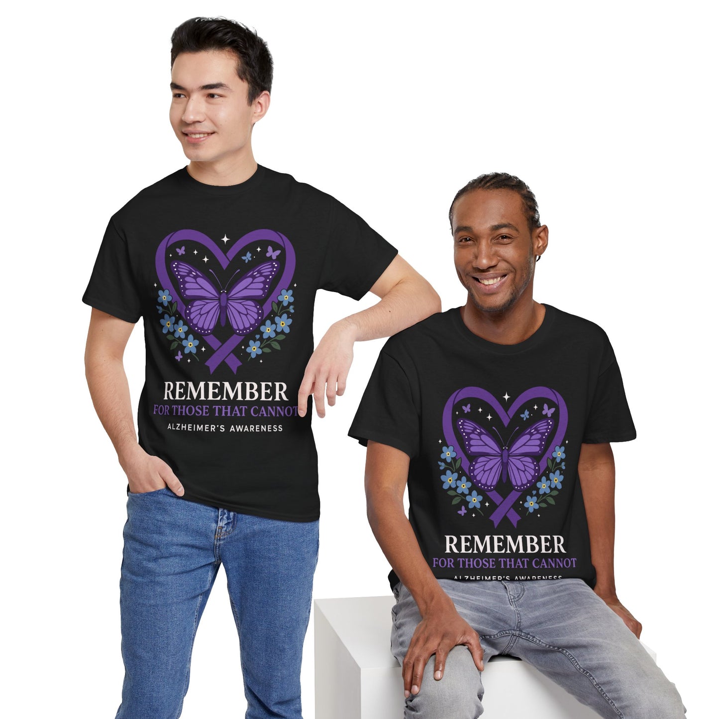 Two male models wearing Alzheimer’s Awareness “REMEMBER” butterfly t-shirts, posed for lifestyle and solidarity look, perfect for walks, events, and caregiver gifts.