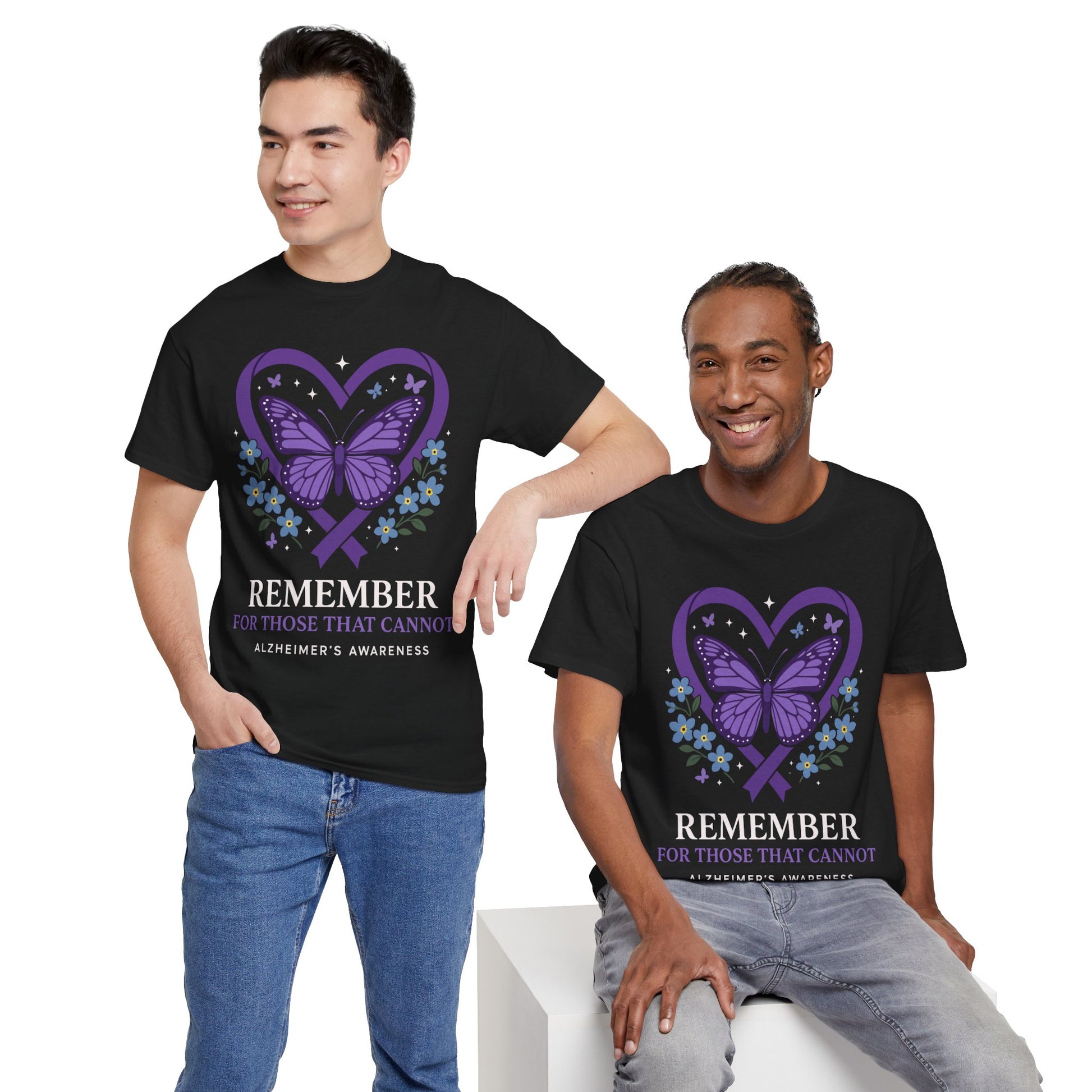 Two male models wearing Alzheimer’s Awareness “REMEMBER” butterfly t-shirts, posed for lifestyle and solidarity look, perfect for walks, events, and caregiver gifts.