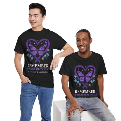 Two male models wearing Alzheimer’s Awareness “REMEMBER” butterfly t-shirts, posed for lifestyle and solidarity look, perfect for walks, events, and caregiver gifts.