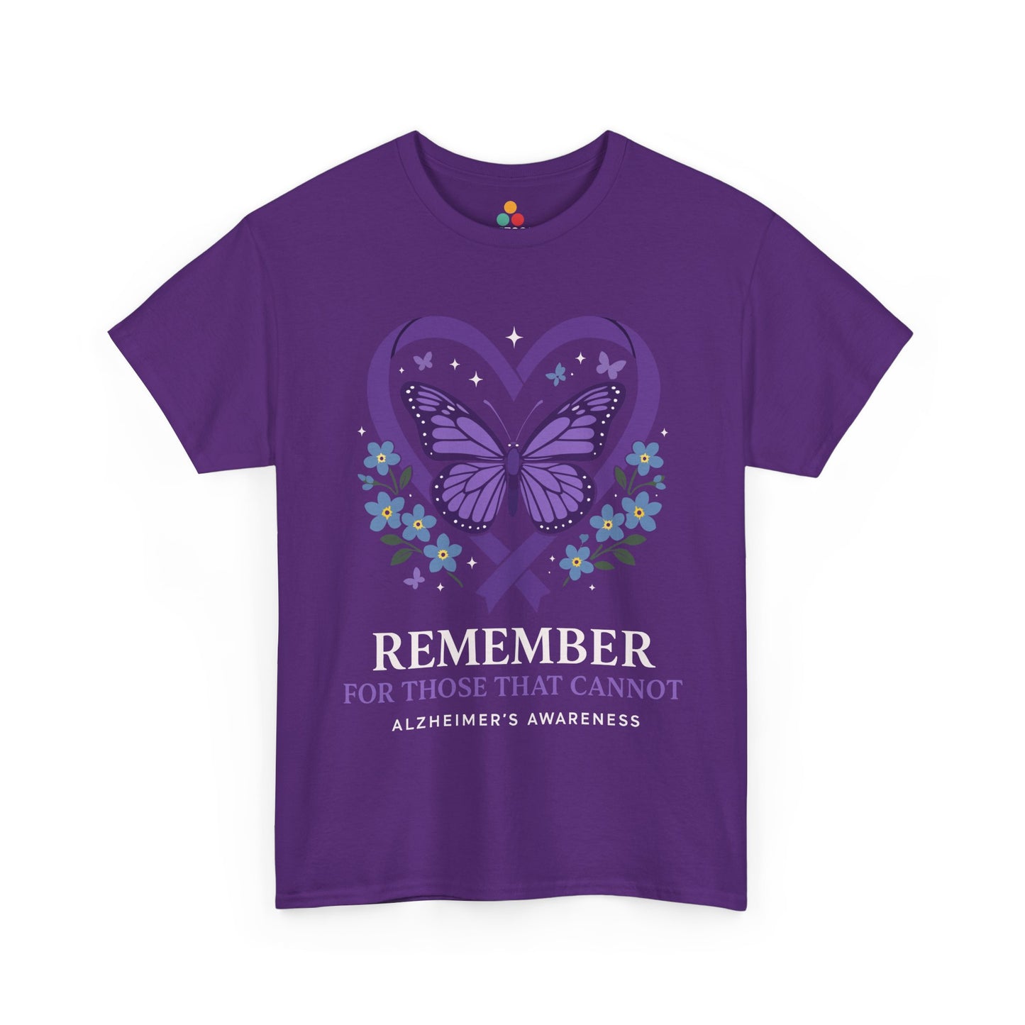  Back view of purple “REMEMBER” Alzheimer’s awareness shirt featuring symbolic butterfly and advocacy message, showing design and cause support details.