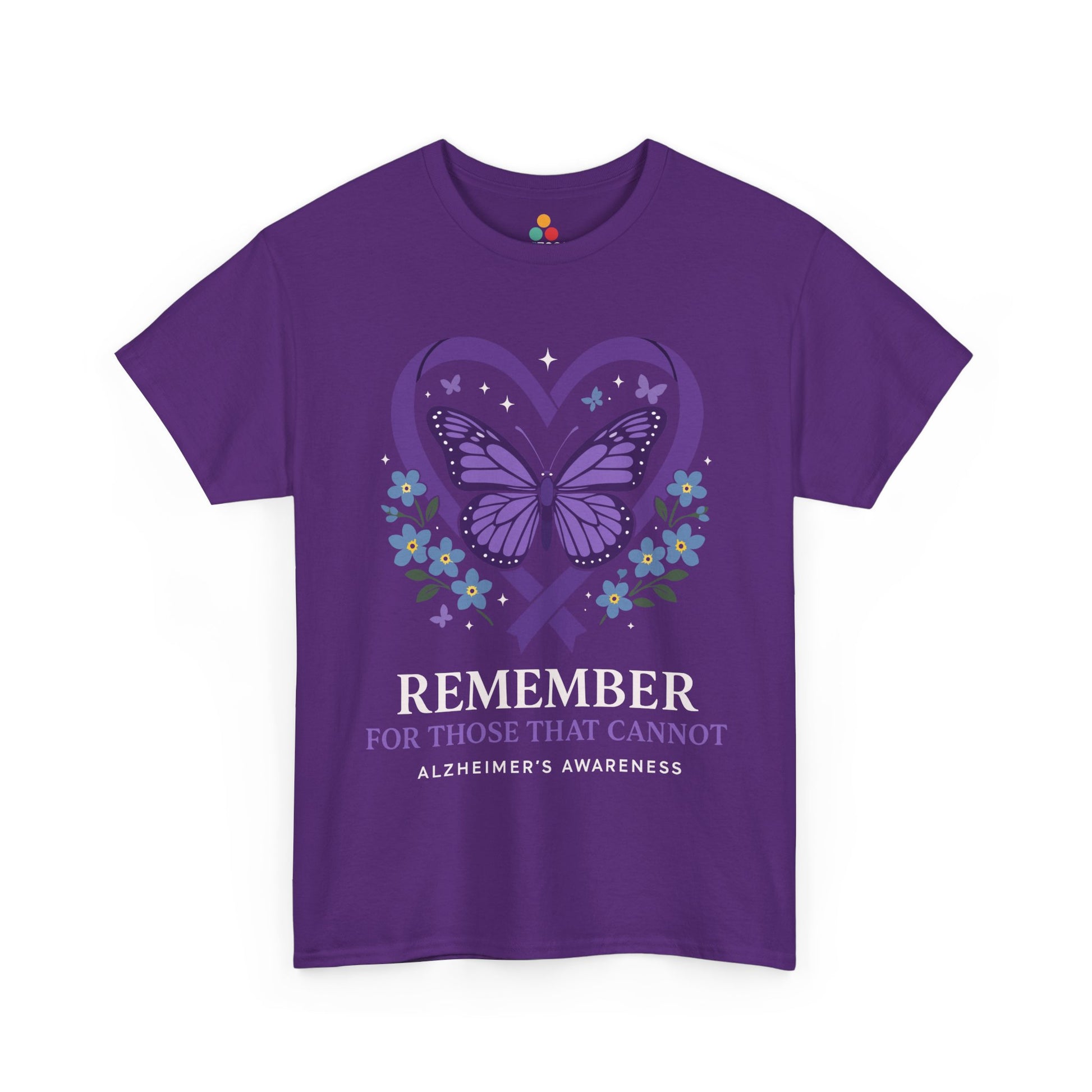  Back view of purple “REMEMBER” Alzheimer’s awareness shirt featuring symbolic butterfly and advocacy message, showing design and cause support details.