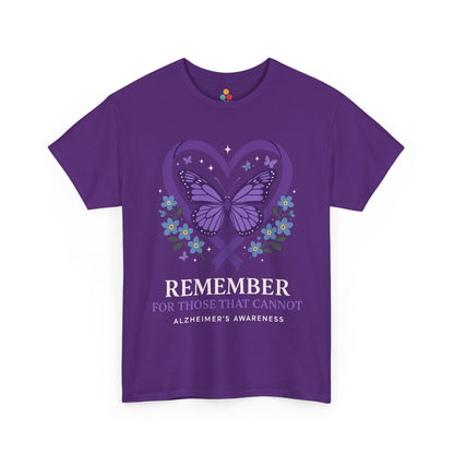  Back view of purple “REMEMBER” Alzheimer’s awareness shirt featuring symbolic butterfly and advocacy message, showing design and cause support details.