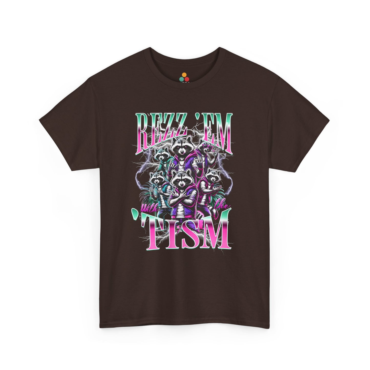 "Bootleg Y2K retro Rizz Em With The Tism raccoon graphic on Brown t‑shirt with neon lightning accents, front view"