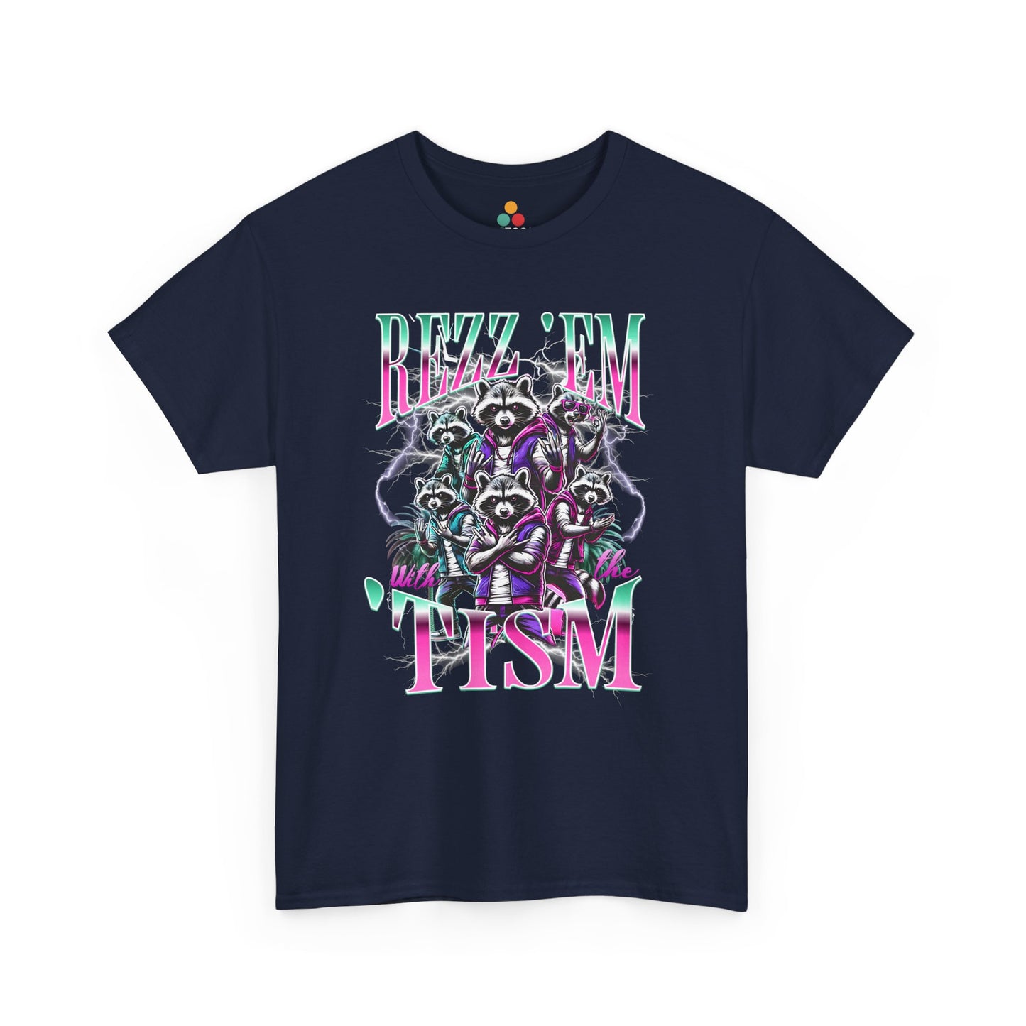 "Bootleg Y2K retro Rizz Em With The Tism raccoon graphic on navy t‑shirt with neon lightning accents, front view"