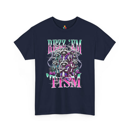 "Bootleg Y2K retro Rizz Em With The Tism raccoon graphic on navy t‑shirt with neon lightning accents, front view"