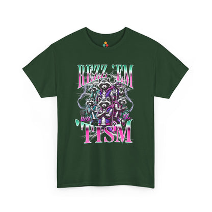 "Bootleg Y2K retro Rizz Em With The Tism raccoon graphic on Forest Green t‑shirt with neon lightning accents, front view"
