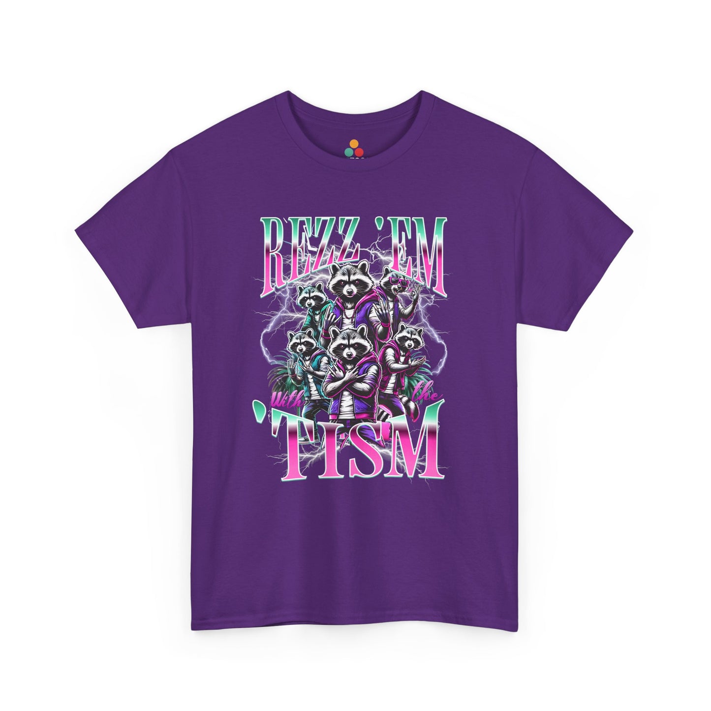 "Bootleg Y2K retro Rizz Em With The Tism Purple graphic on maroon t‑shirt with neon lightning accents, front view"