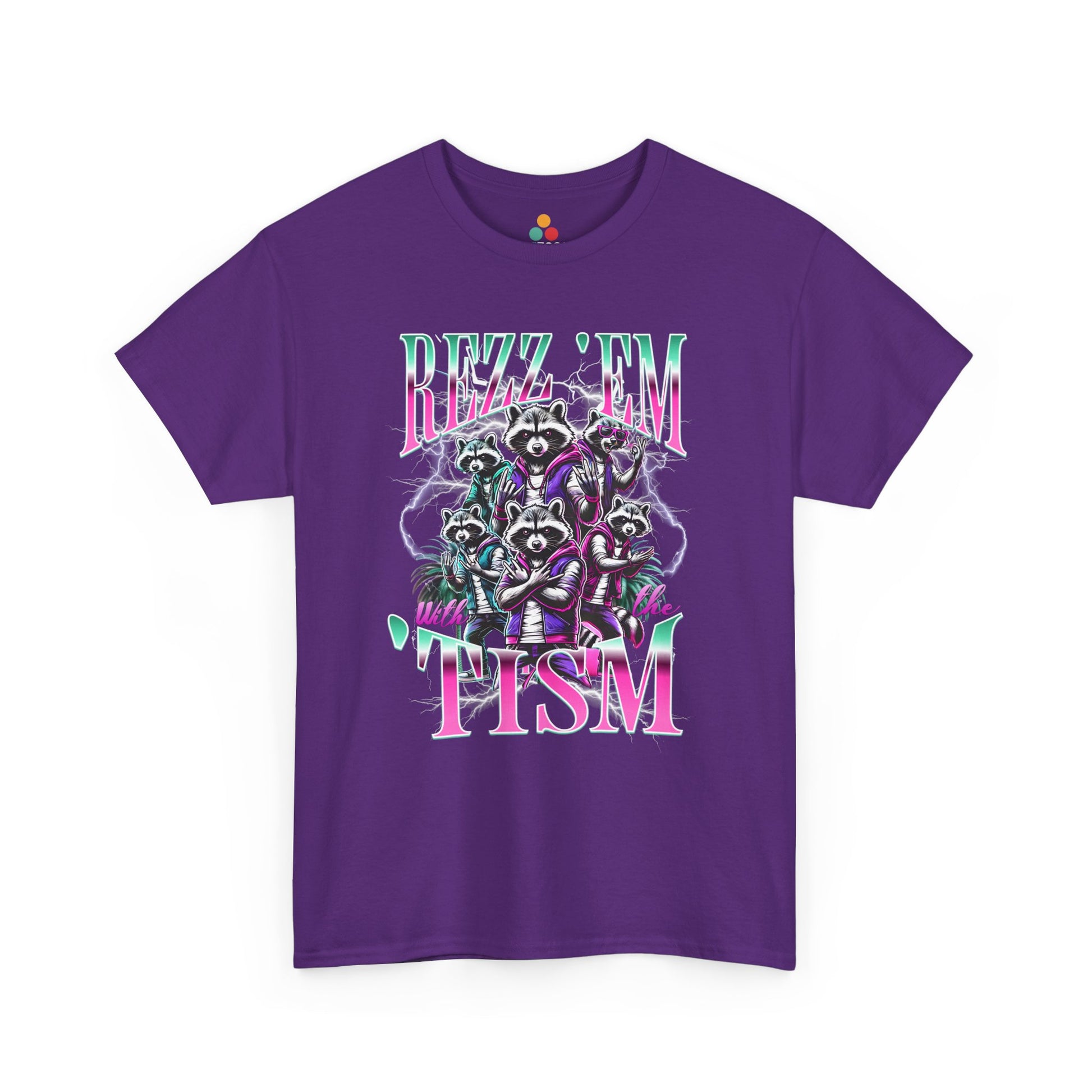 "Bootleg Y2K retro Rizz Em With The Tism Purple graphic on maroon t‑shirt with neon lightning accents, front view"