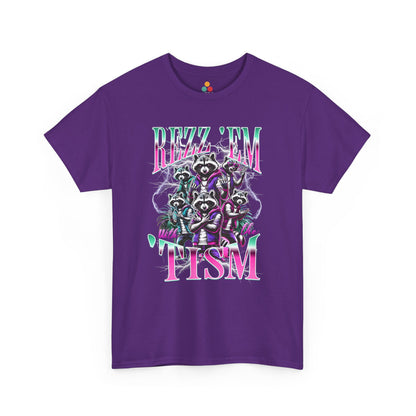 "Bootleg Y2K retro Rizz Em With The Tism Purple graphic on maroon t‑shirt with neon lightning accents, front view"