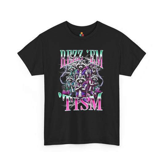 "Rizz Em With The Tism three neon raccoons with lightning stripes on black t‑shirt, front view"