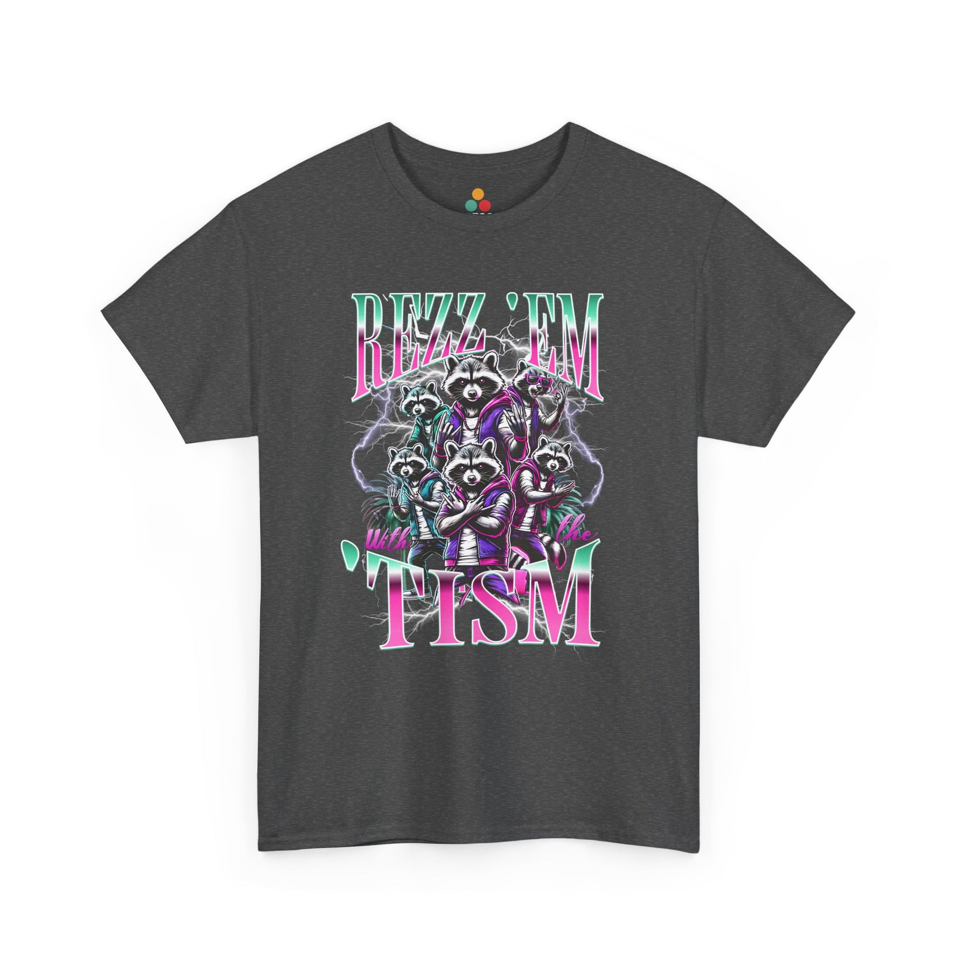 "Bootleg Y2K retro Rizz Em With The Tism raccoon graphic on dark heather t‑shirt with neon lightning accents, front view"