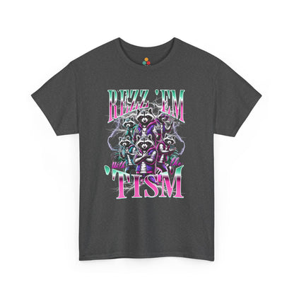 "Bootleg Y2K retro Rizz Em With The Tism raccoon graphic on dark heather t‑shirt with neon lightning accents, front view"