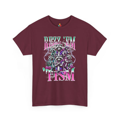"Bootleg Y2K retro Rizz Em With The Tism raccoon graphic on maroon t‑shirt with neon lightning accents, front view"