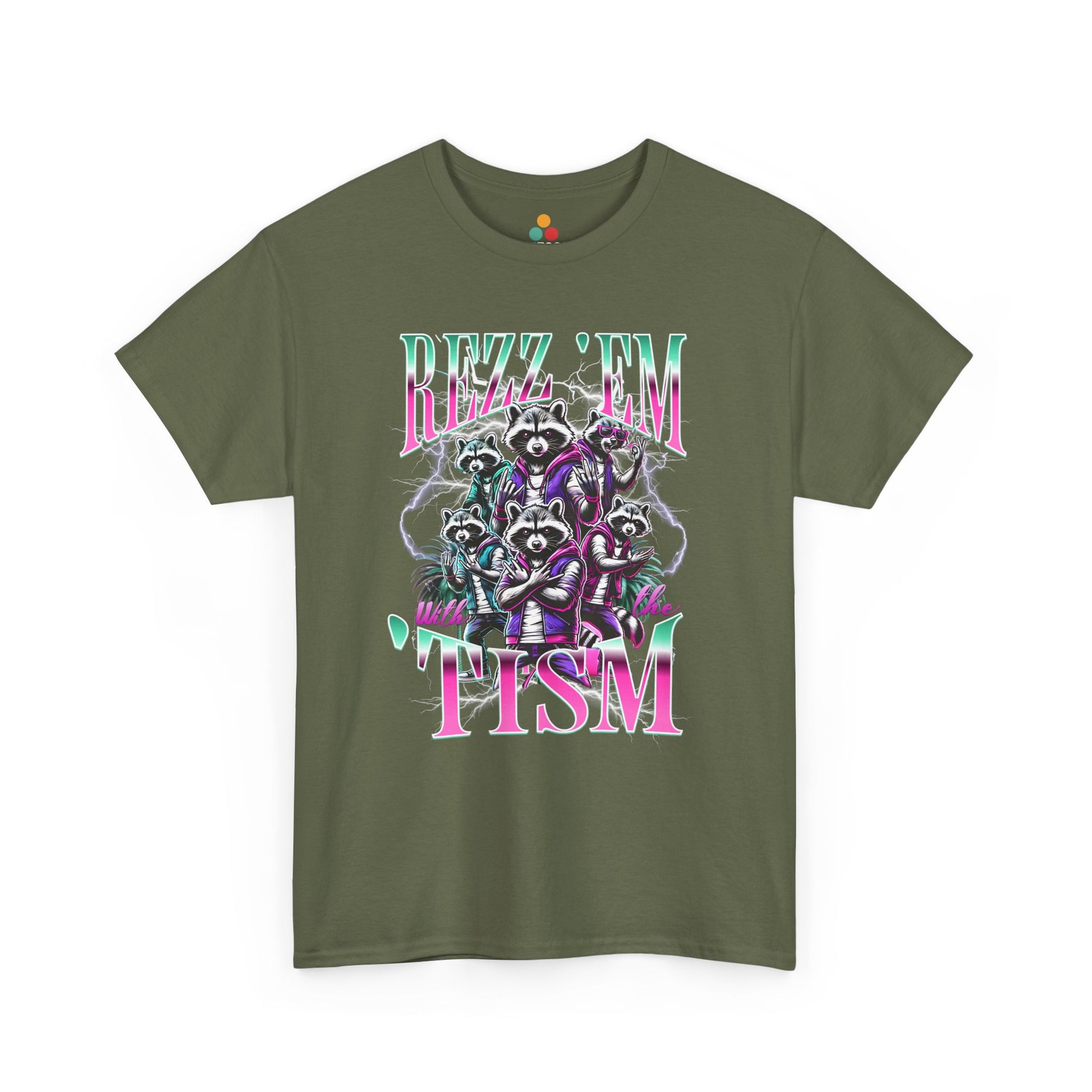 "Bootleg Y2K retro Rizz Em With The Tism raccoon graphic on military green t‑shirt with neon lightning accents, front view"