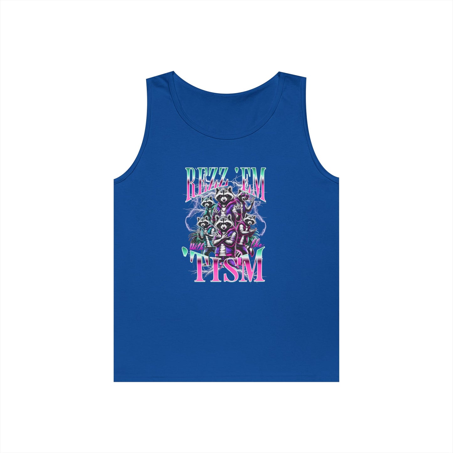 “Teezoca neurodivergent pride Rizz Em With The Tism neon graphic tank top dark green front”

