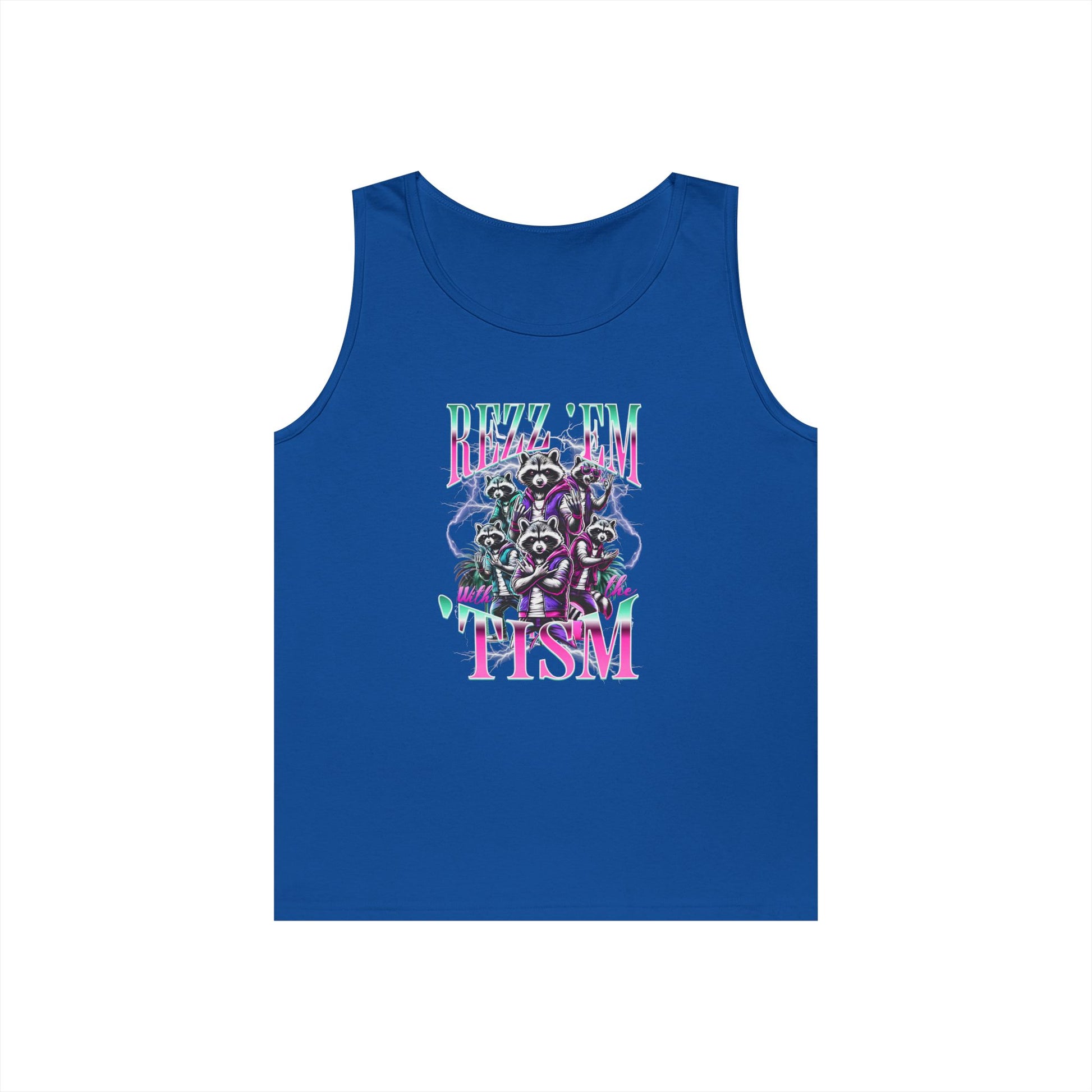 “Teezoca neurodivergent pride Rizz Em With The Tism neon graphic tank top dark green front”

