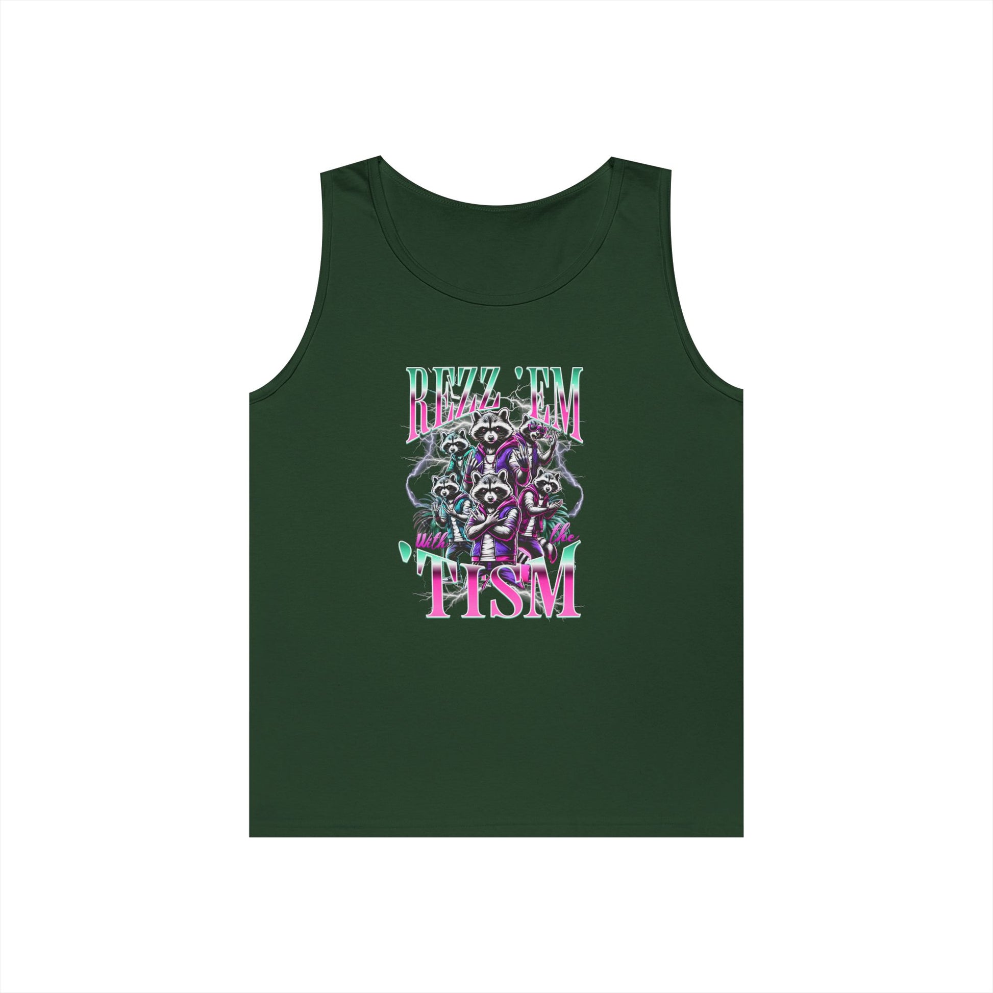 “Model wearing Teezoca Rizz Em With The Tism tank top, y2k neurodivergent meme muscle shirt”

