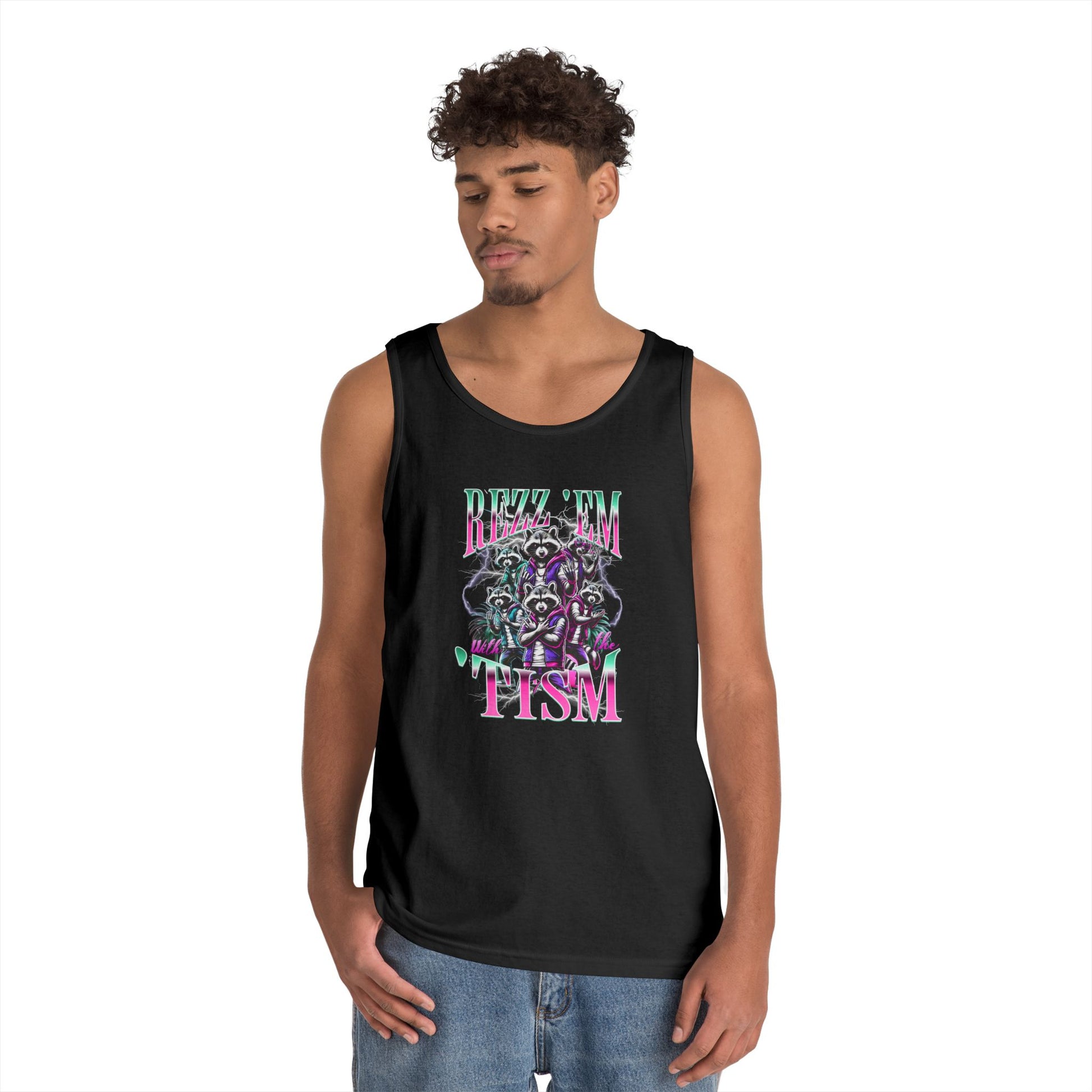 “Model wearing Teezoca Rizz Em With The Tism tank top, y2k neurodivergent meme muscle shirt”

