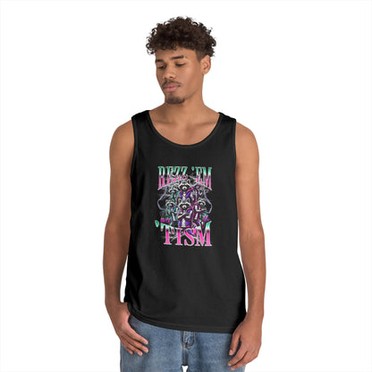 “Model wearing Teezoca Rizz Em With The Tism tank top, y2k neurodivergent meme muscle shirt”


