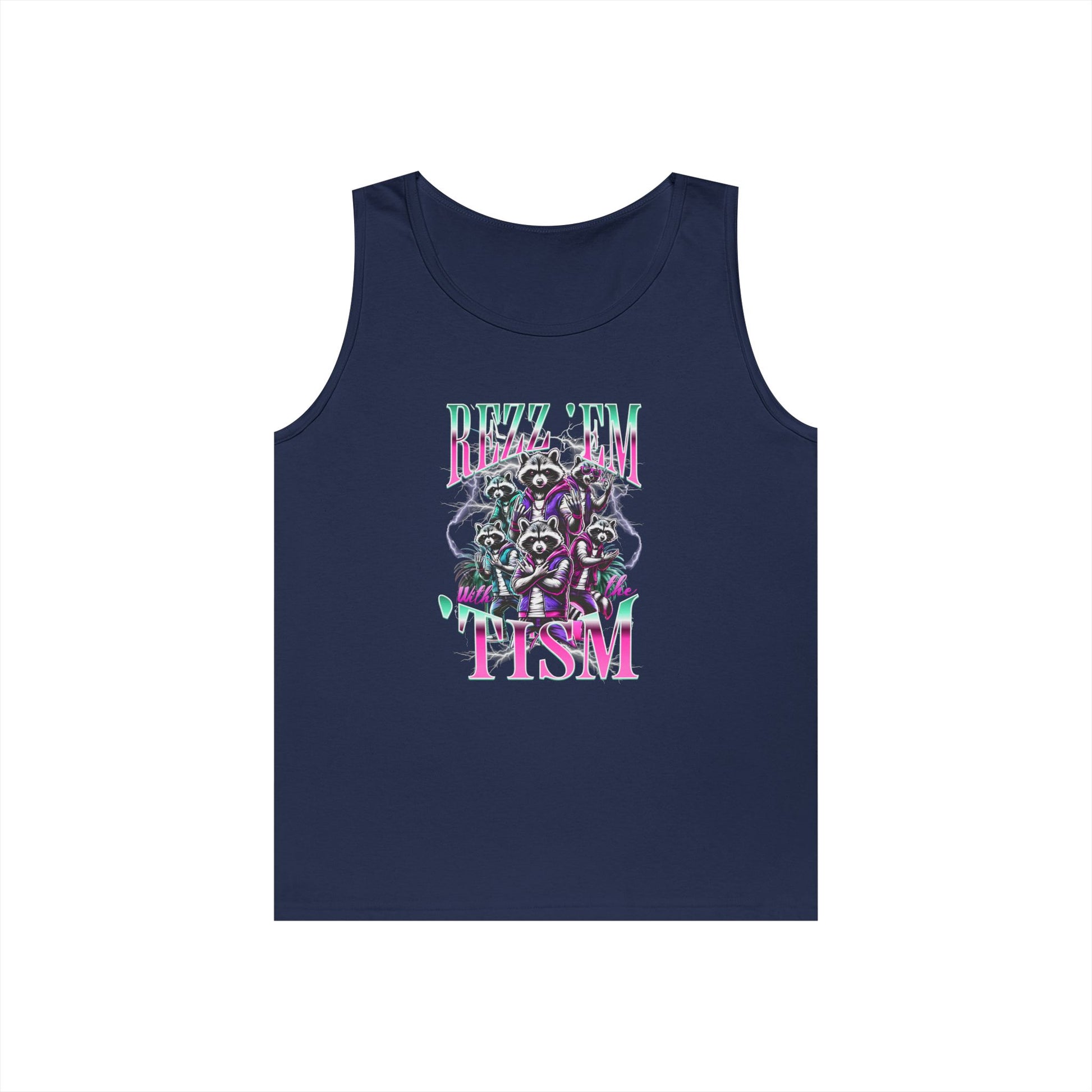  “Teezoca Y2K meme Rizz Em With The Tism raccoon lightning neon navy tank top front view”


