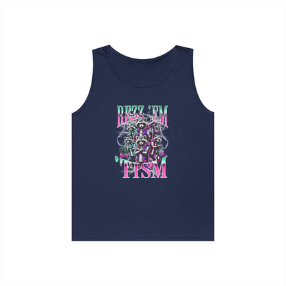  “Teezoca Y2K meme Rizz Em With The Tism raccoon lightning neon navy tank top front view”

