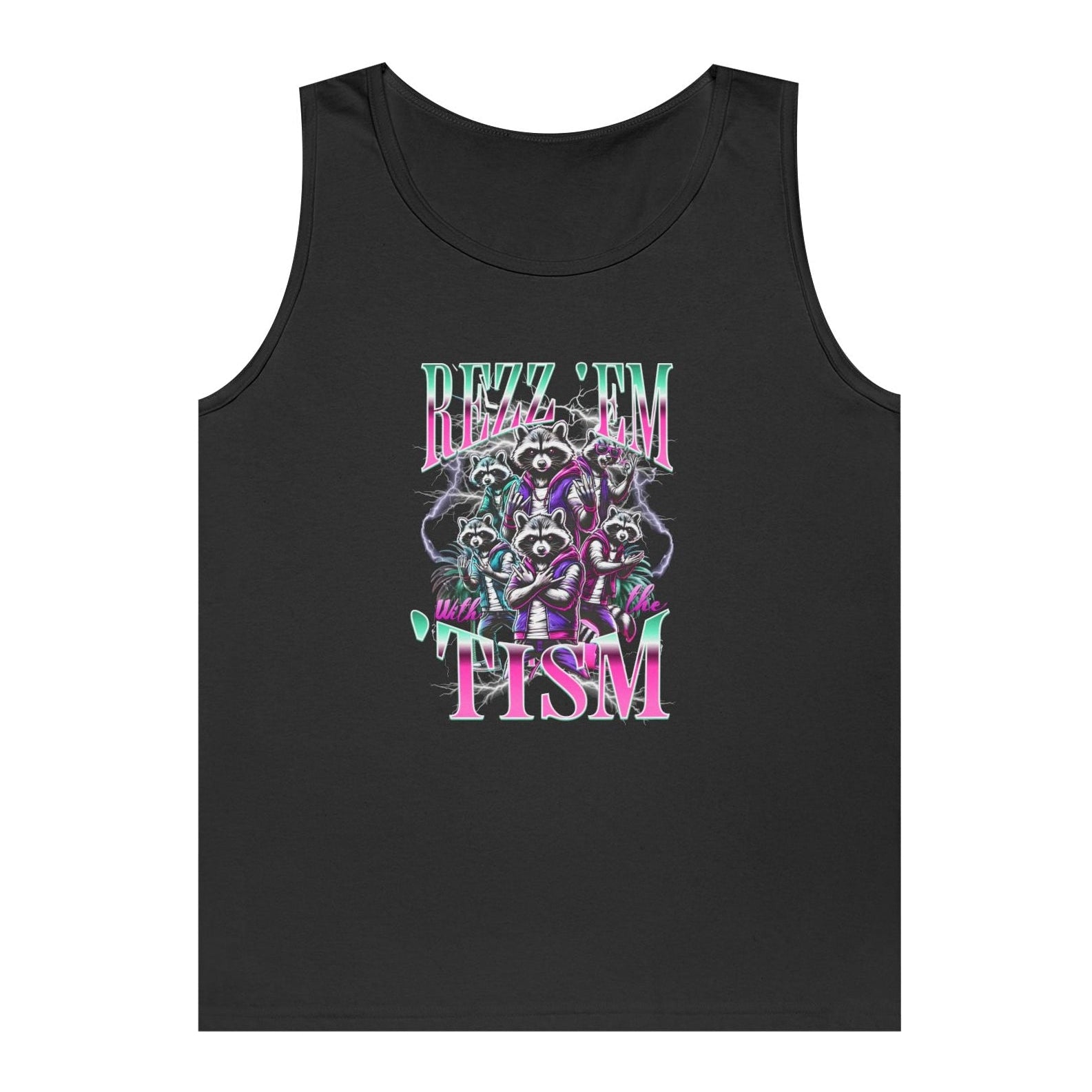 “Teezoca Rizz Em With The Tism Y2K neon raccoon meme tank top black front view”
