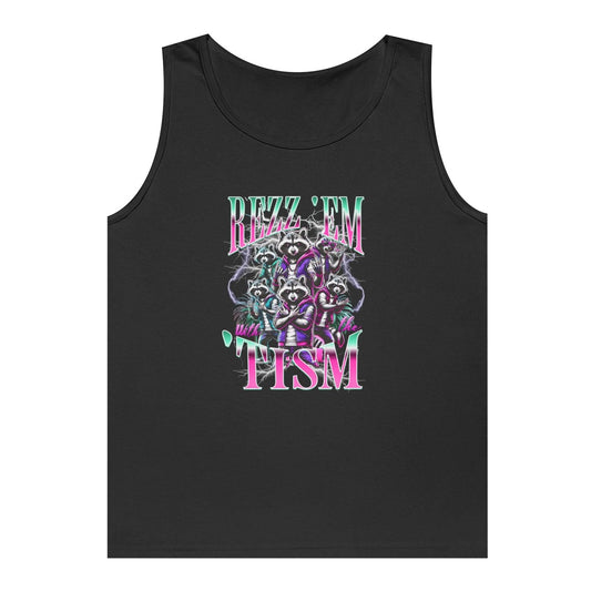 “Teezoca Rizz Em With The Tism Y2K neon raccoon meme tank top black front view”
