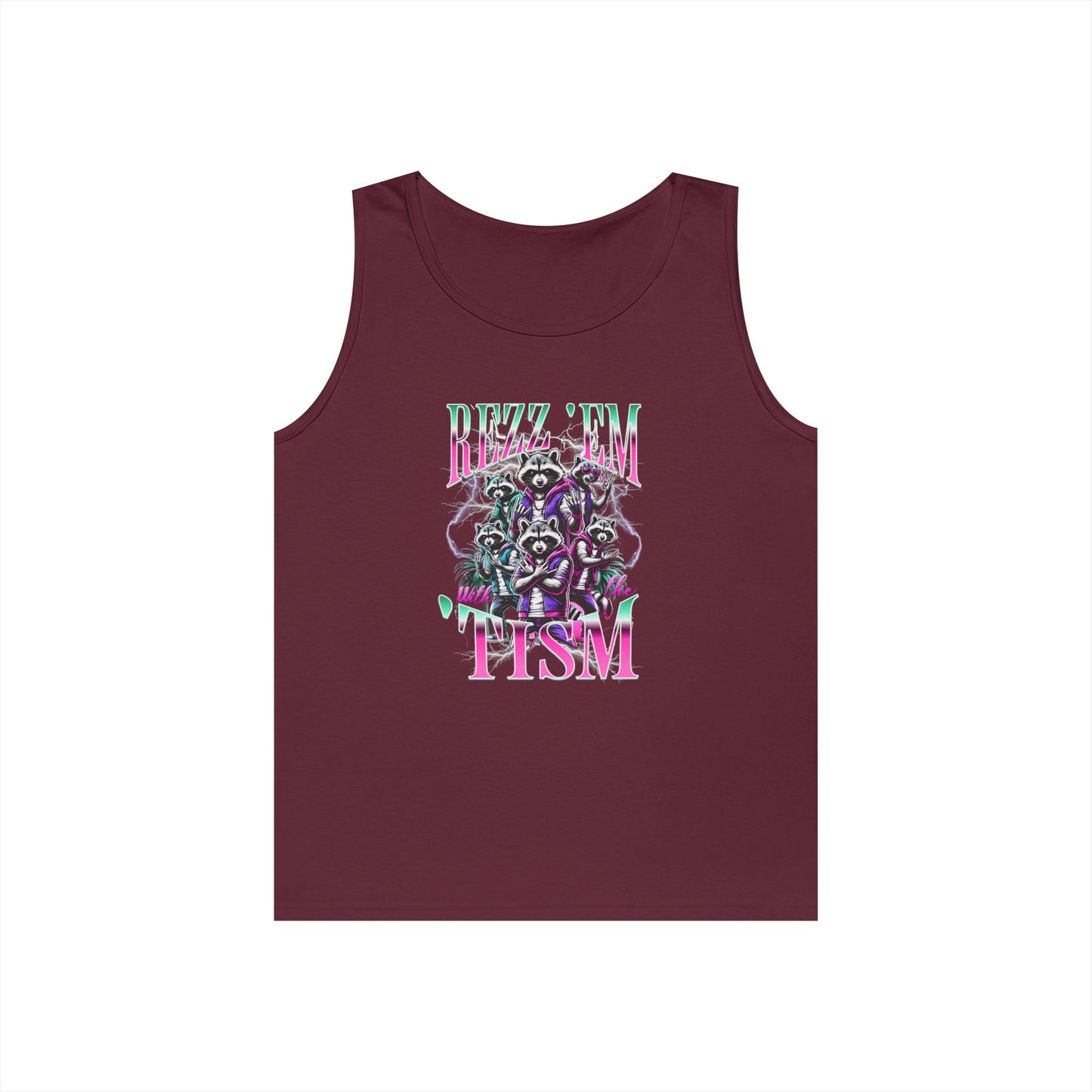 “Teezoca Rizz Em With The Tism autistic pride pink green raccoon meme on maroon tank top”

