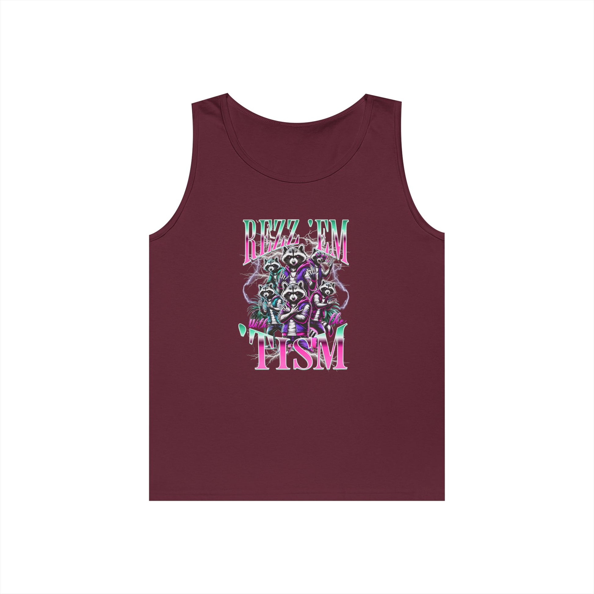 “Teezoca Rizz Em With The Tism autistic pride pink green raccoon meme on maroon tank top”

