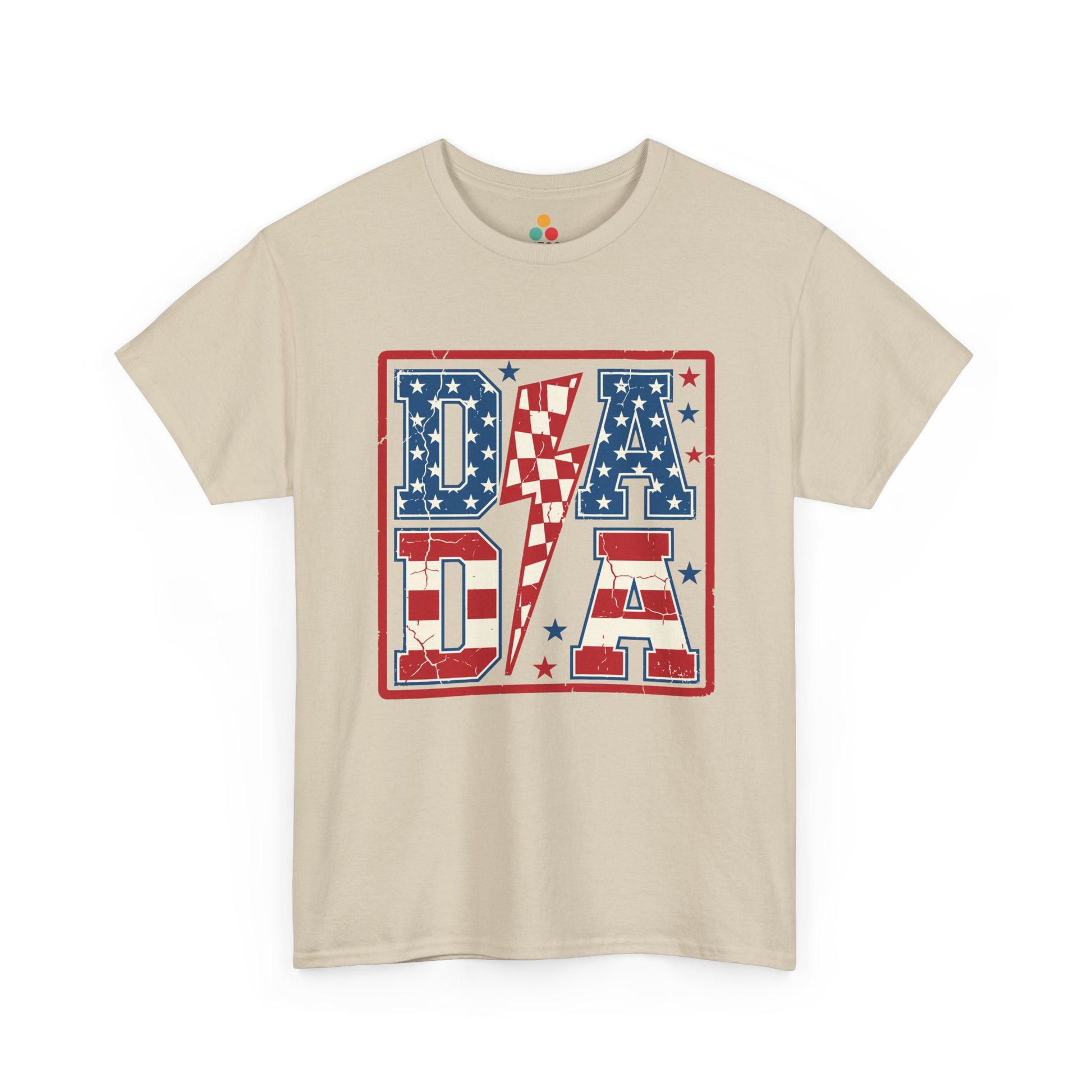 sand t-shirt featuring bold red white and blue DADA block letters with stars stripes and lightning bolt patriotic graphic design.

