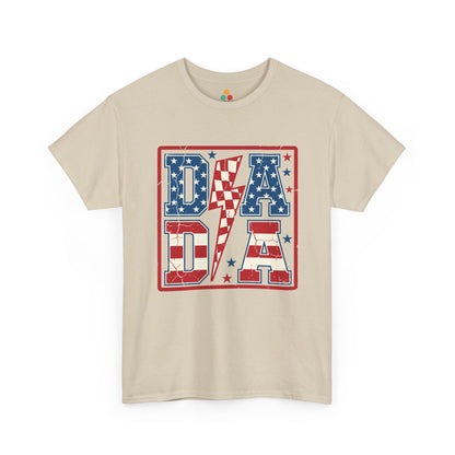 sand t-shirt featuring bold red white and blue DADA block letters with stars stripes and lightning bolt patriotic graphic design.

